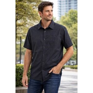 Monument‎ Mens Short Sleeve Button Down Shirt Black White Micro Dot Cotton Large